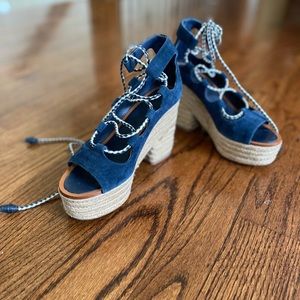 Tory Burch 6M Positano blue lace up tan espadrille Sandals